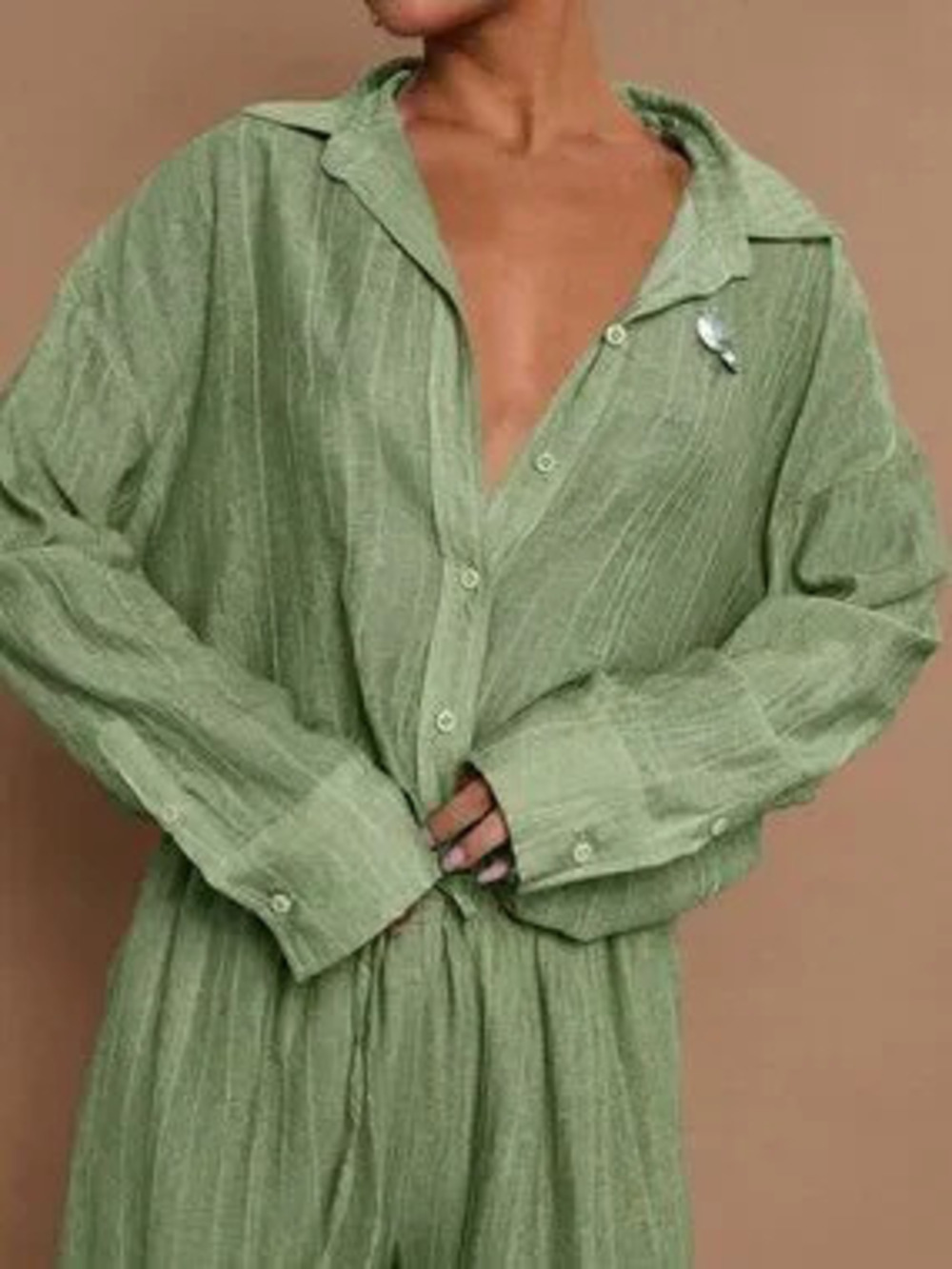 Green Casual Women's Front Button Loose Long Sleeve Shirt